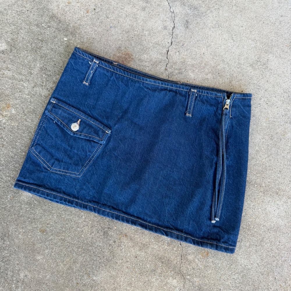 Zara Denim Mini Skirt Dark Wash Indigo Utility Pocket Side Zip XS 24